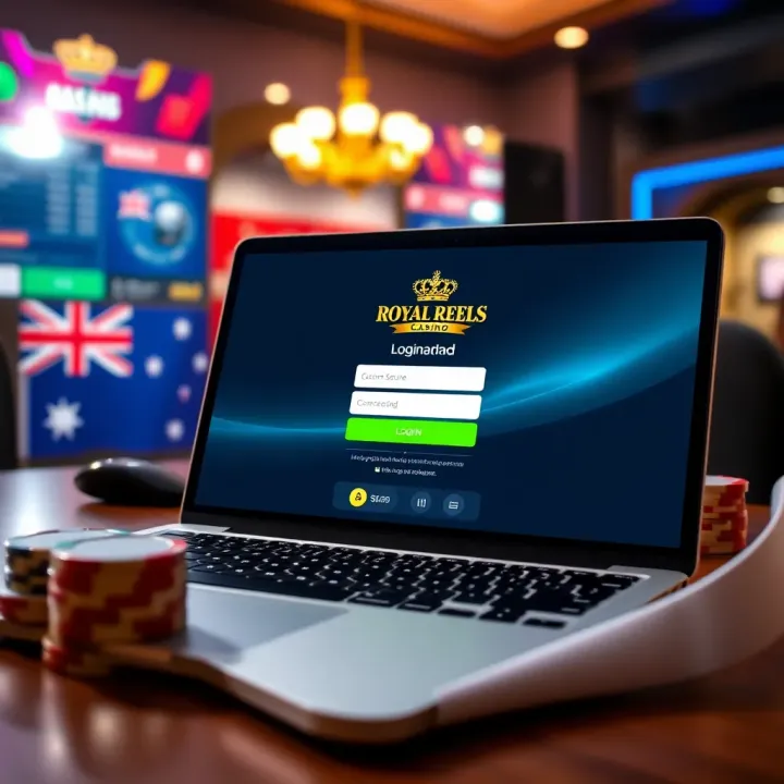 Secure login screen of Royal Reels 8 Casino on a laptop with Australian currency symbols in the background