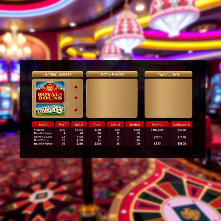 Gameplay Features and Bonus Rounds of AGS Royal Reels Graphic displaying gameplay features, bonus rounds, and payout charts of AGS Royal Reels set against a dynamic casino background