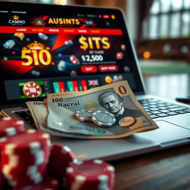 Playing Online Slots for Real Money in Australia Australian dollar notes and casino chips placed beside a laptop showing online gambling site