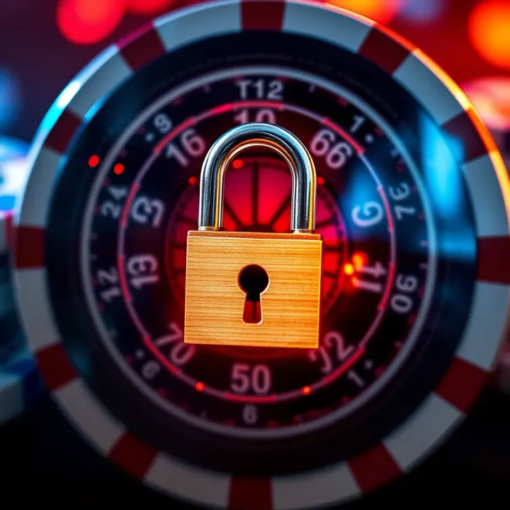 Robust Security Features in Leading Online Casinos Secure digital lock over a casino chip background symbolizing online gambling safety and trust