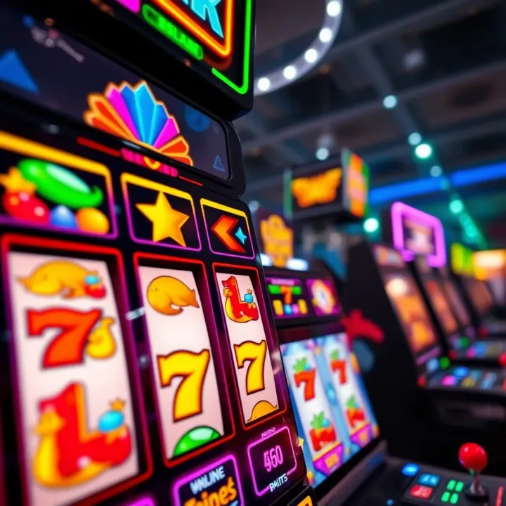 Colorful online slot machine reels with various symbols and bright lights