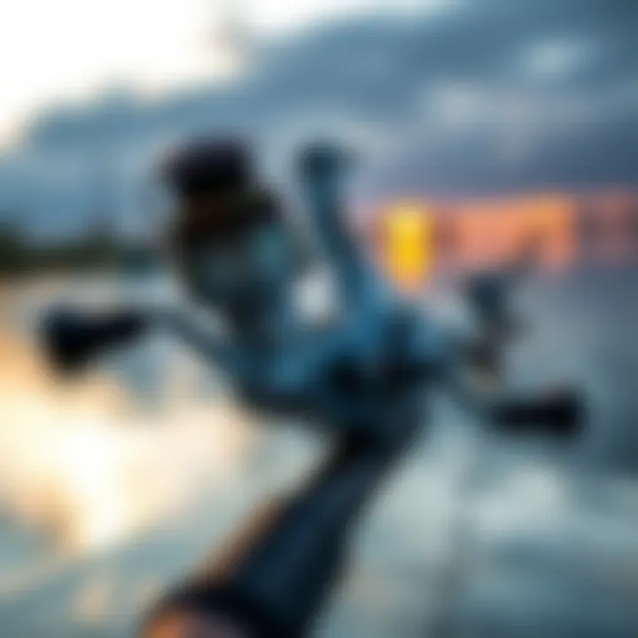 Avon Royal fishing reel mounted on a rod over a calm lake at sunrise