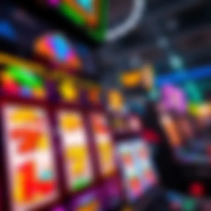 Colorful online slot machine reels with various symbols and bright lights