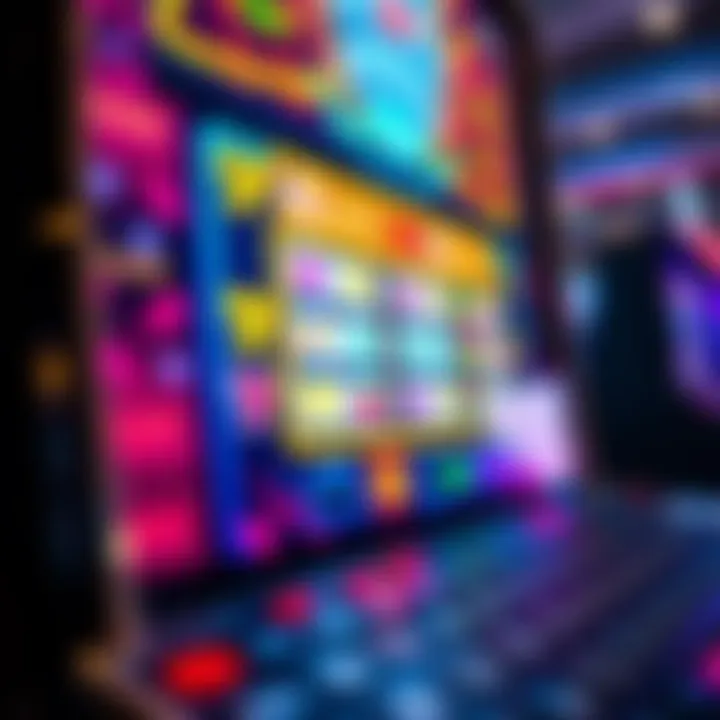 Bright and colorful online pokies game screen with various symbols and reels spinning