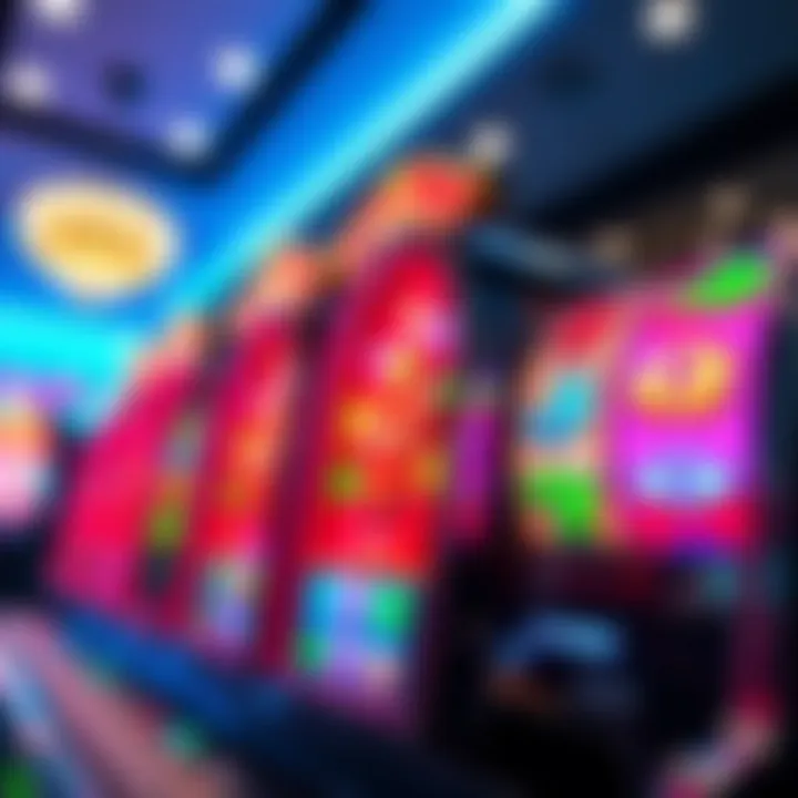 Colorful slot machine reels with various classic symbols and bright lights