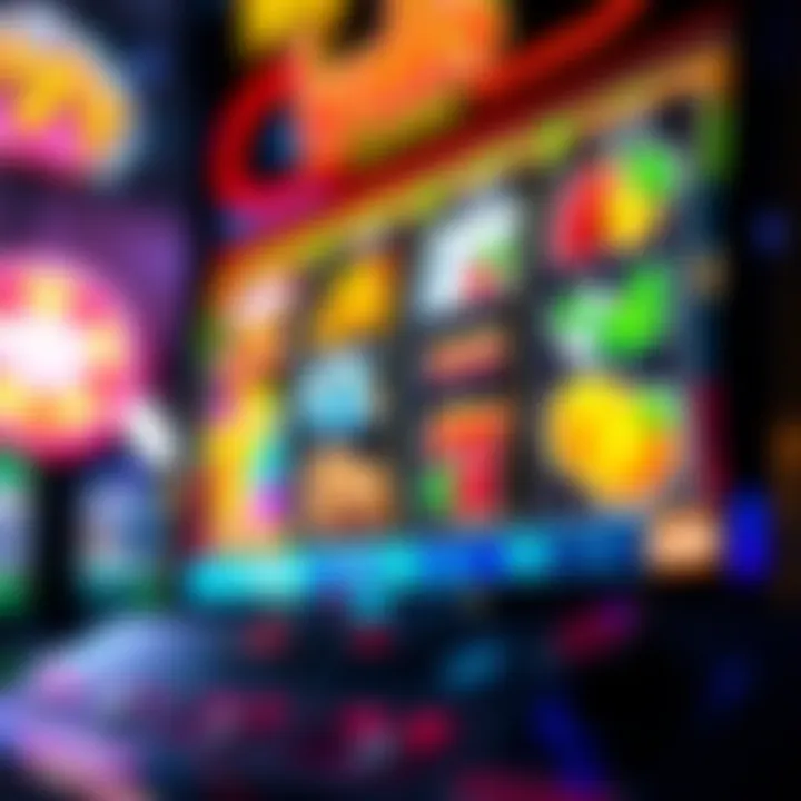 Colorful digital slot machine reels spinning with vibrant symbols