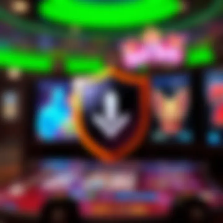 Illustration of a secure download symbol with app icons and shield