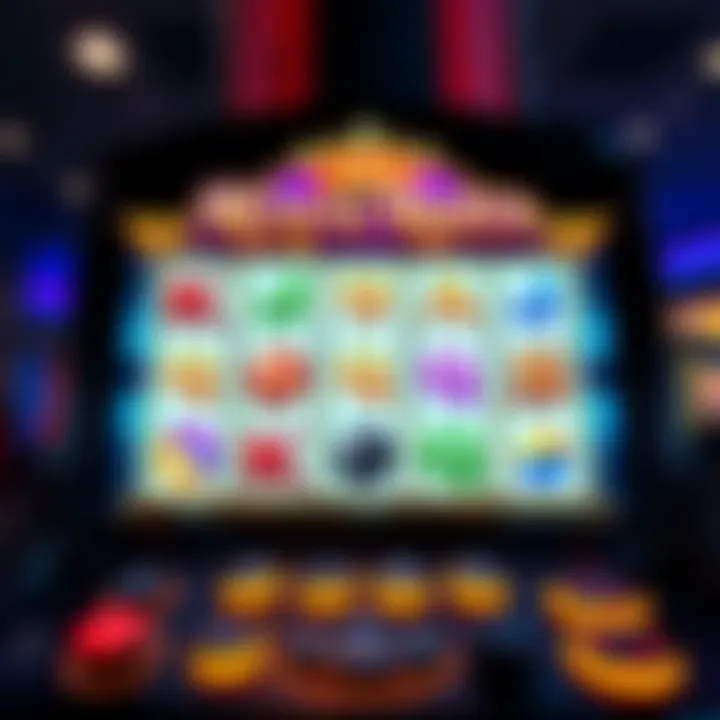 Online slot game interface displaying colorful reels and symbols with user controls