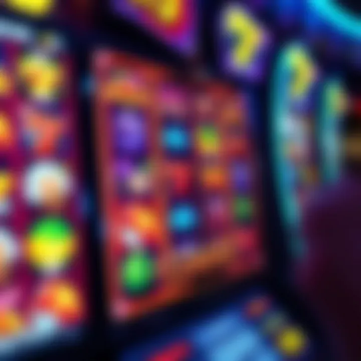 Colorful online pokies game screen showing reels with various symbols and bonus features