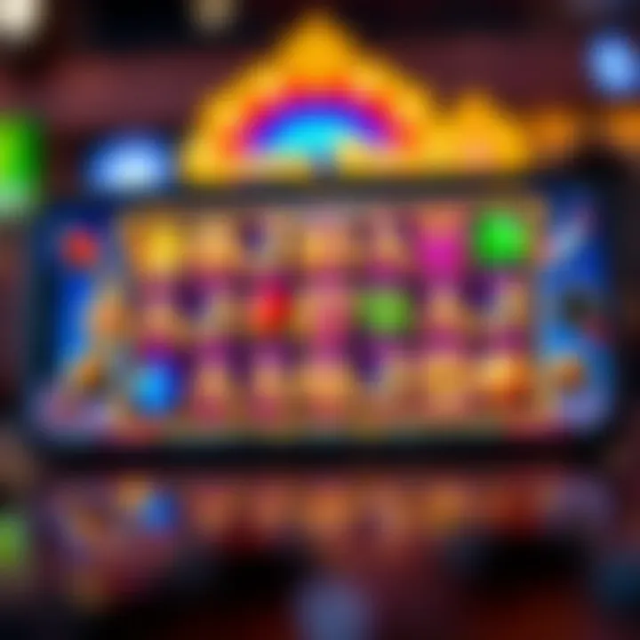 Android smartphone displaying the Royal Reels online slot game interface with colorful reels and symbols