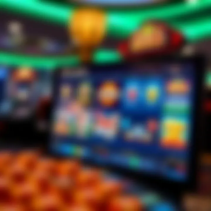 Extensive Game Variety at Royal Reels Casino Wide selection of casino slot games displayed on a digital screen