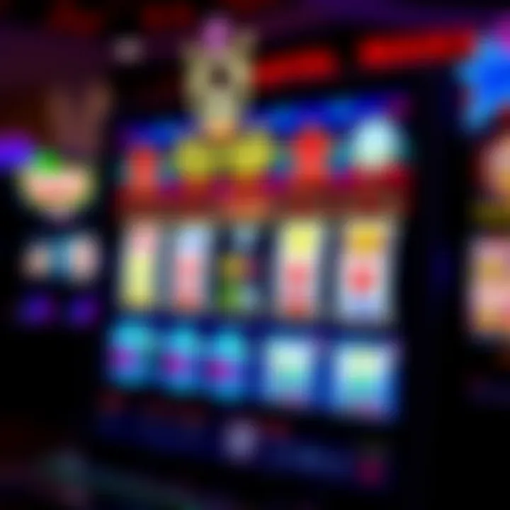 Colorful online casino game screen with spinning reels and various symbols