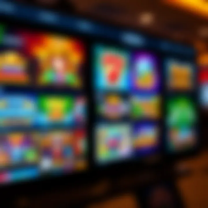 Colorful selection of casino slot games displayed on a digital screen