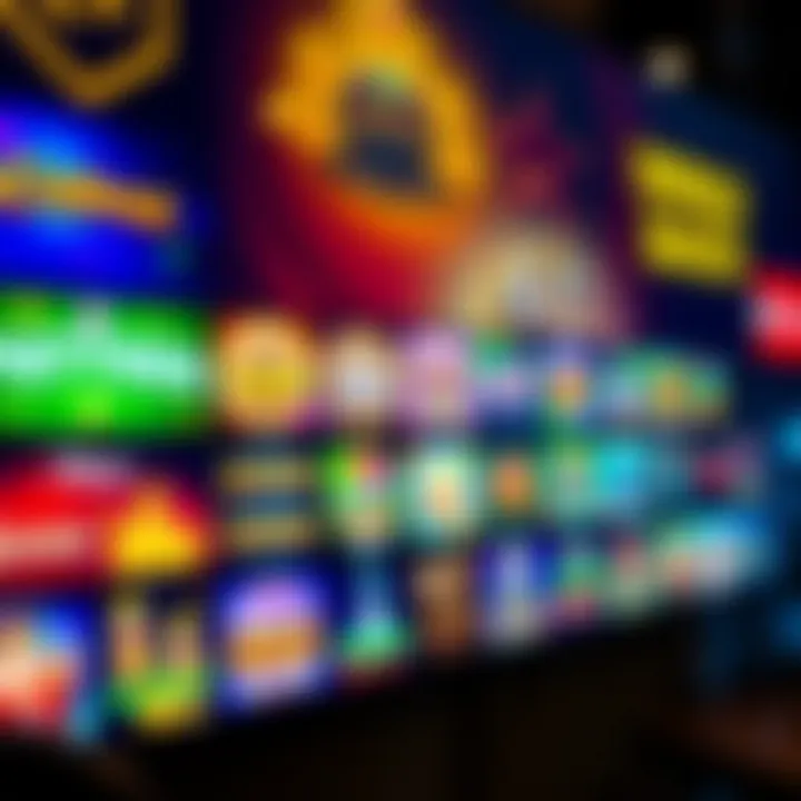 Variety of casino game icons displayed on a digital screen with vibrant colors