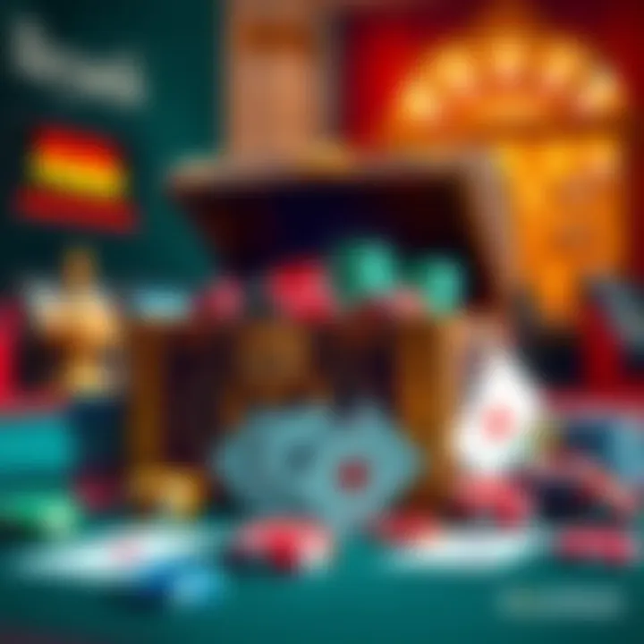 Illustration of a treasure chest overflowing with casino chips and playing cards symbolizing bonus rewards