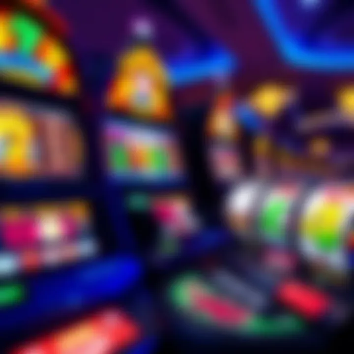 Exciting Slot Machines at Royal Reels Casino Colorful slot machine reels with vibrant symbols and glowing lights
