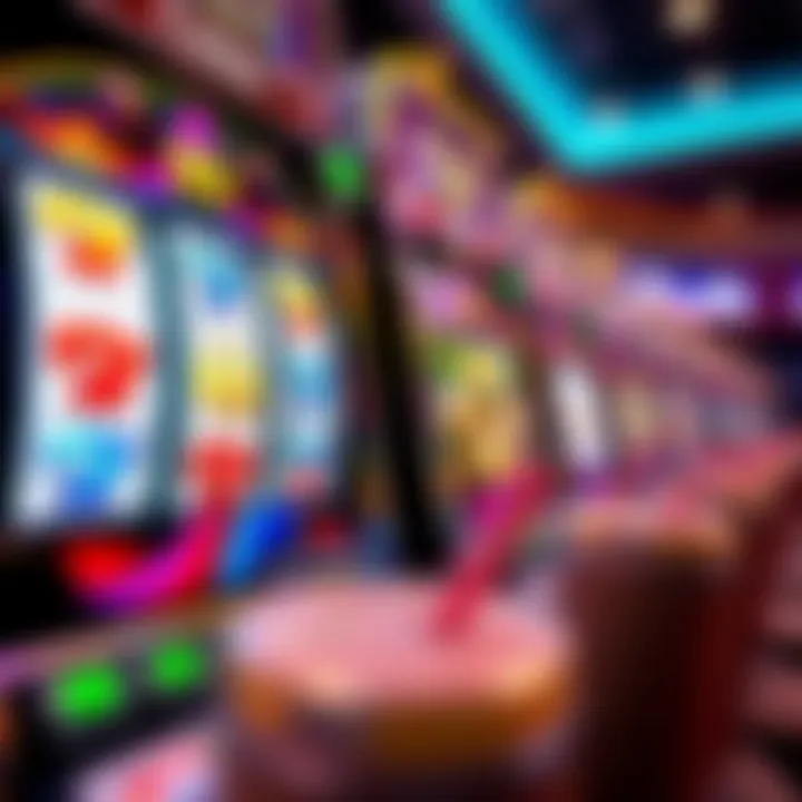 Colorful slot machine reels displaying vibrant symbols in a casino setting