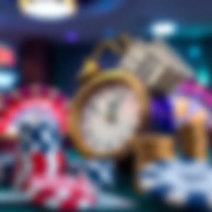 Illustration showing a clock with casino chips and dollar bills symbolizing withdrawal timing