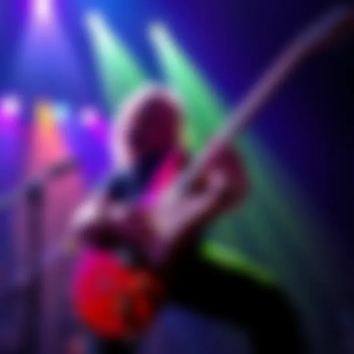 Dynamic Electric Guitar Performance with Vibrant Stage Lighting Electric guitar on stage with vibrant blue and purple lighting, capturing the energy of a live performance