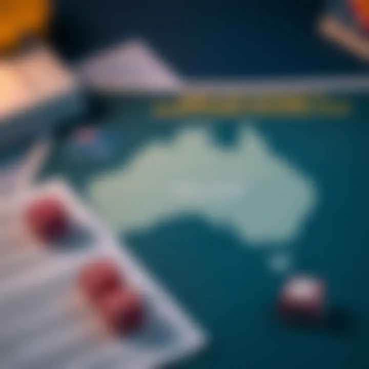 Regulatory Framework Governing Online Gambling in Australia Conceptual graphic showing online gambling regulations with a map of Australia and legal documents