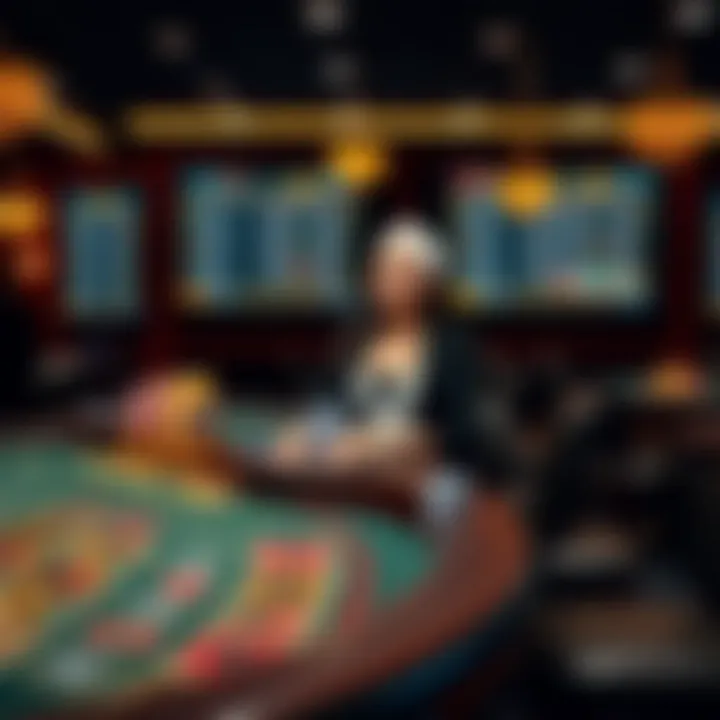 Live casino game table with dealer and digital betting options on screen