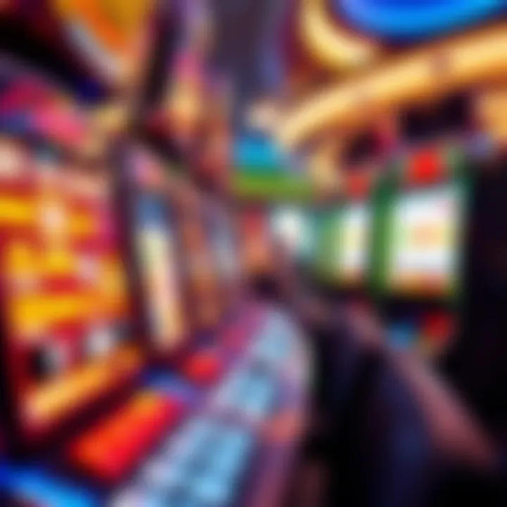 Vibrant Slot Machines at Royal Reels Casino Bright casino slot machine reels displaying vibrant symbols and lights