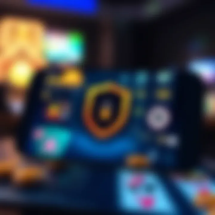 Secure mobile gaming environment with icons representing app updates, security features, and responsible play