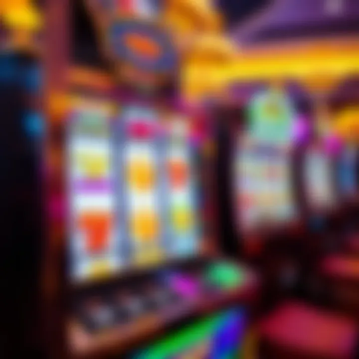 Vibrant Royal Reels Slot Machine with Classic Symbols Colorful slot machine reels displaying classic symbols and bright lights in a casino setting