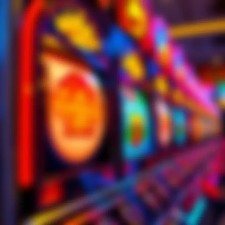 Colorful slot machine reels with symbols illuminating a casino environment