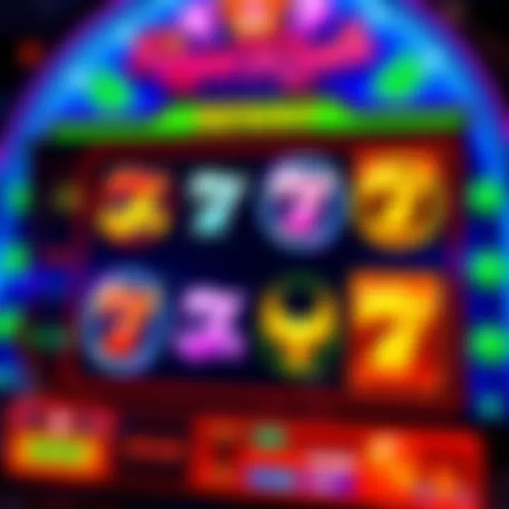 Colorful digital slot machine reels displaying various gaming symbols
