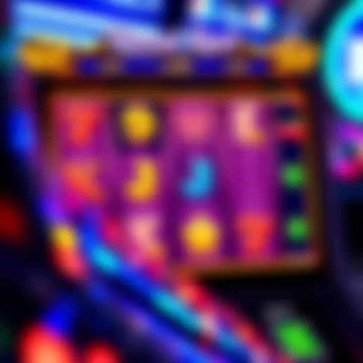 Colorful slot machine interface showing reels with various symbols and winning combinations
