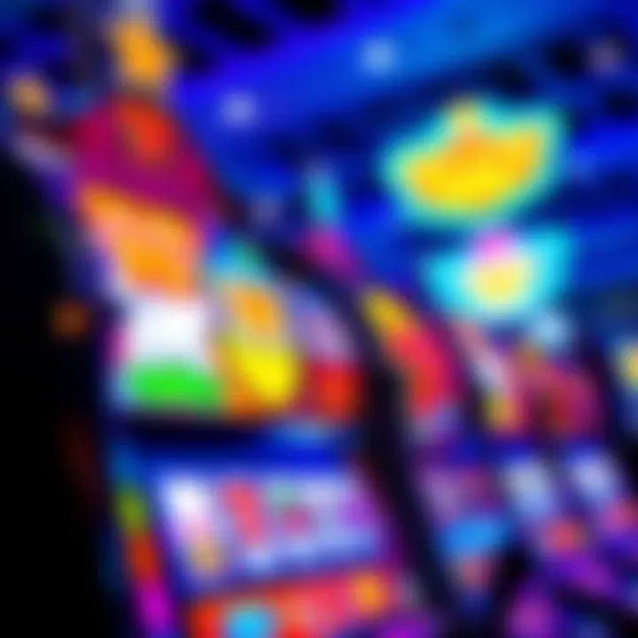 Colorful slot machine reels displaying various symbols with bright lights in a casino setting