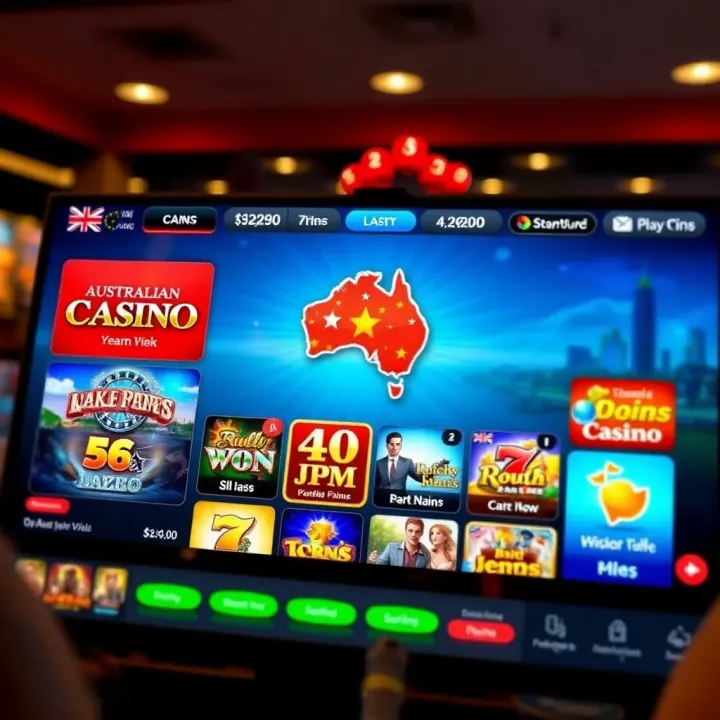 Illustration of a secure online casino interface displaying various game options with Australian theme