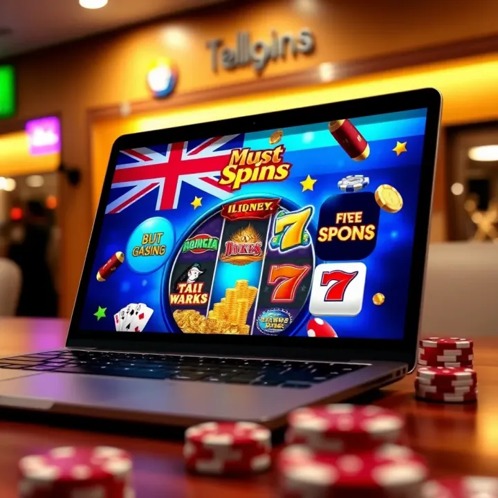 Popular Australian Online Pokies Platforms Illustration of a laptop displaying popular Australian online pokies platforms with casino elements
