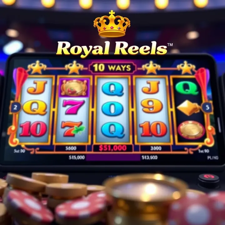 User interface of Royal Reels app showing slot machine gameplay with vibrant symbols and spinning reels