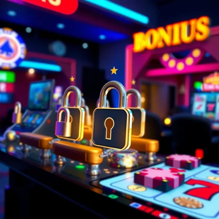 Visual representation of secure online slot gaming with digital locks and bonus icons