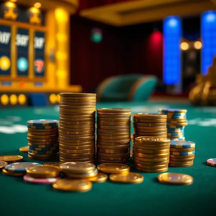 Strategic Bankroll Management for Royal Reels 9 Illustration of bankroll management with coins and chips arranged for strategic betting