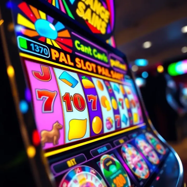 Colorful online casino slot machine interface with vibrant symbols and spinning reels