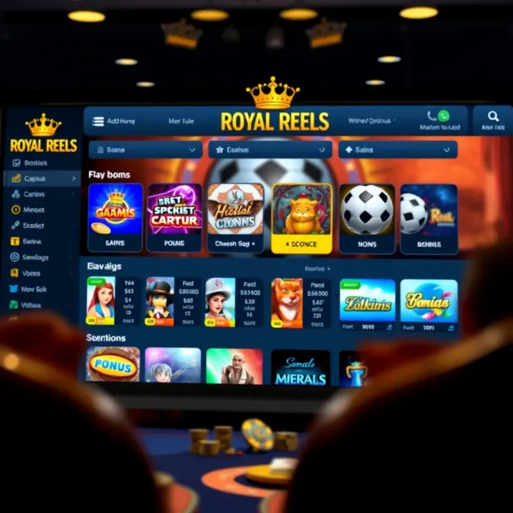 Dashboard of Royal Reels Casino featuring game selection, account management options, and bonus offers