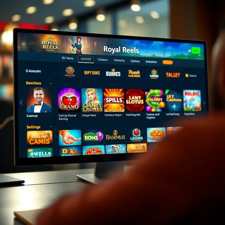 Overview of Royal Reels Casino Game Selection and User Interface Online casino interface displaying a variety of slot games and live casino options on a desktop screen