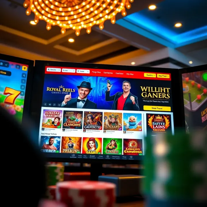 User interface showcasing new features and game selections on Royal Reels platform