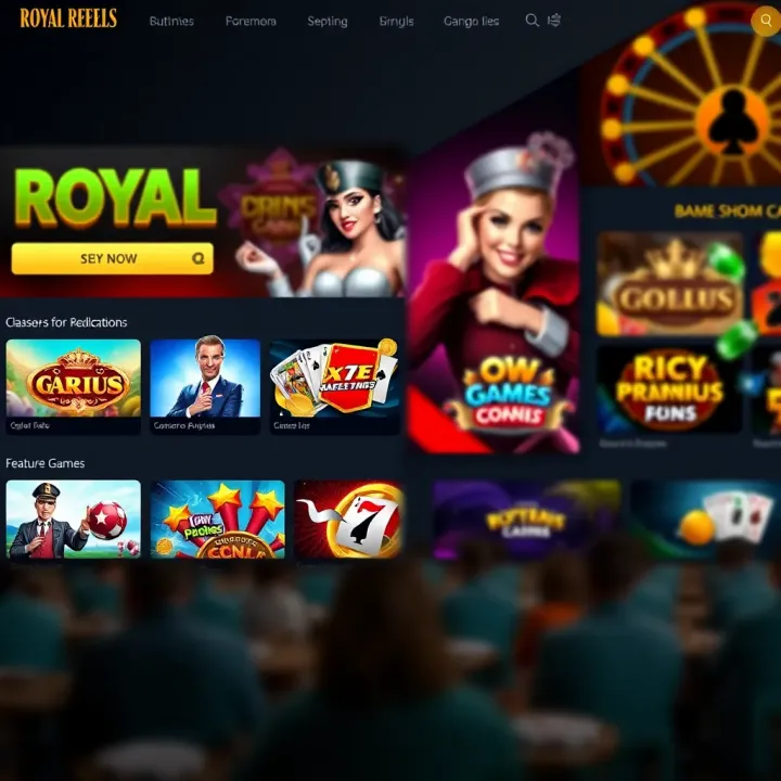 Screenshot of Royal Reels website homepage showcasing game categories and promotional banners
