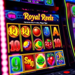Royal Reels Slot Machine Interface with Vibrant Symbols Colorful slot machine interface showing reels with various symbols and paylines