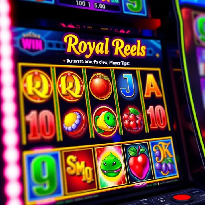 Royal Reels Slot Machine Interface with Vibrant Symbols Colorful slot machine interface showing reels with various symbols and paylines