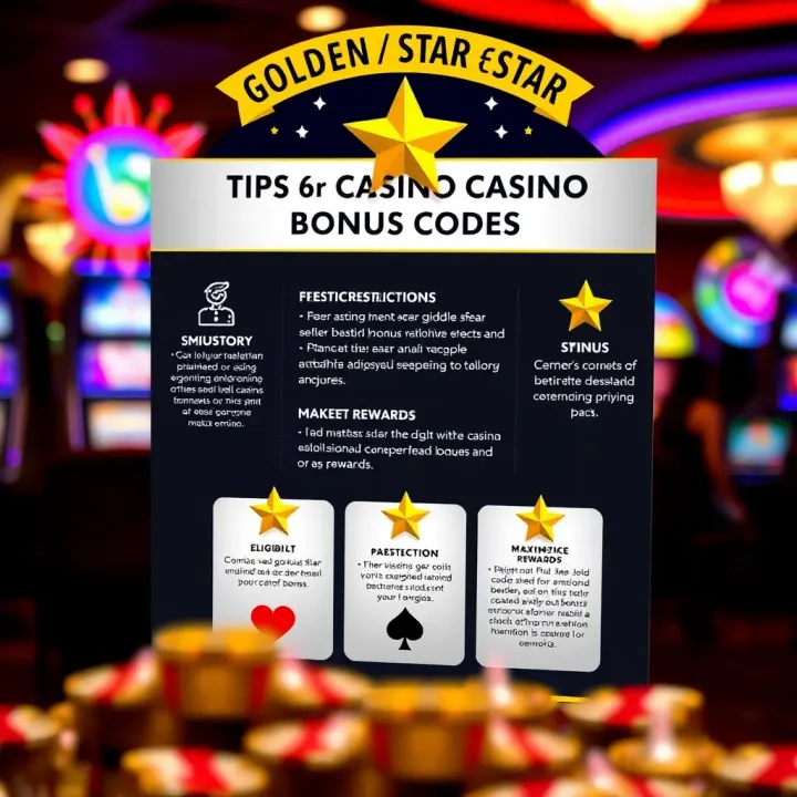 Tips for Maximizing Golden Star Casino Bonus Codes Graphic displaying tips for using casino bonus codes effectively with symbols indicating eligibility, restrictions, and maximizing rewards