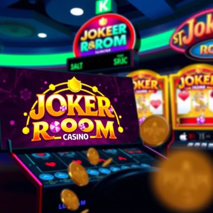 Illustration of a digital slot machine with vibrant Joker Room Casino branding and shining coins symbolizing no deposit bonus rewards