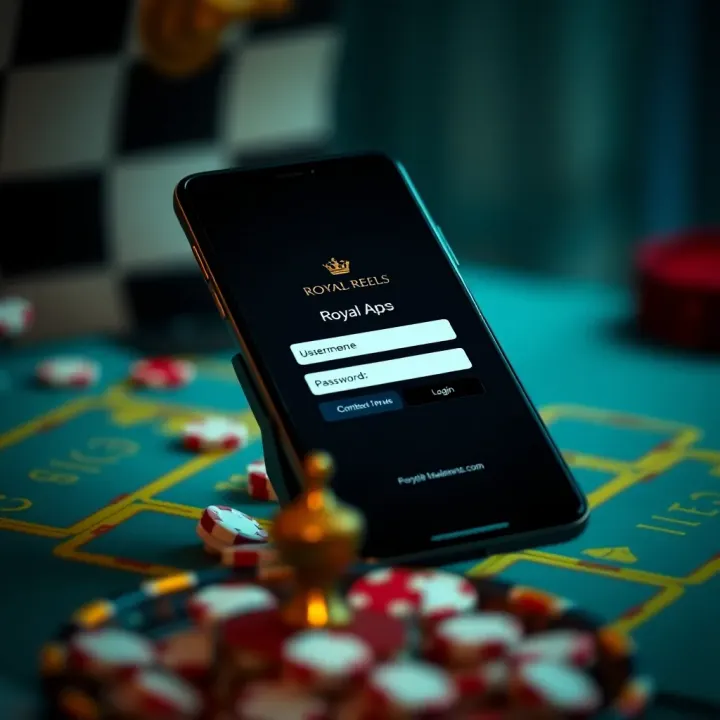 Smartphone displaying the Royal Reels app login screen with clear input fields for username and password