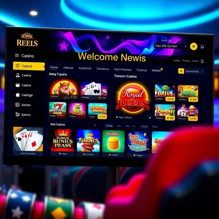 Overview of Royal Reels Casino User Dashboard Illustration of a digital welcome dashboard with casino games and account features