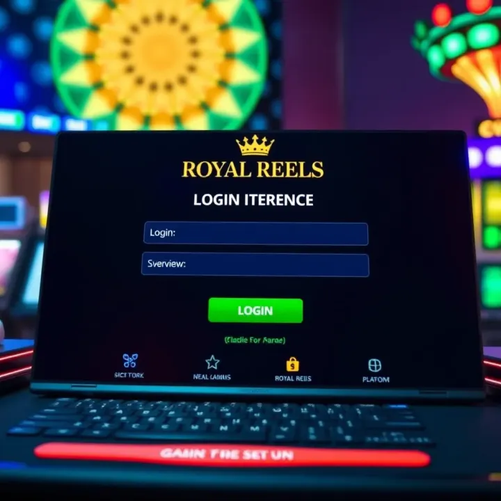 User interface showing login screen of Royal Reels 4 platform with input fields and login button