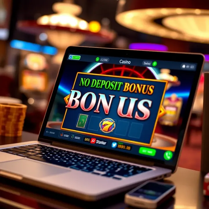 A digital slot machine on a laptop screen highlighting a no deposit bonus offer at an Australian online casino